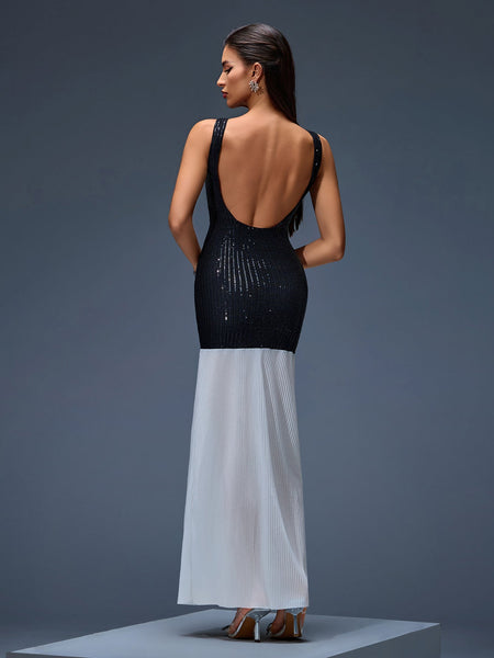 Long Sparkling Patchwork Dress with Cut-Out Back