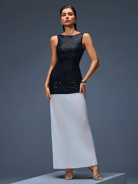 Long Sparkling Patchwork Dress with Cut-Out Back