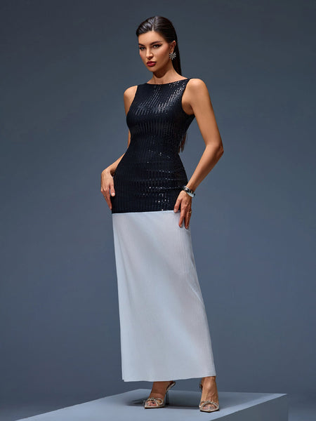 Long Sparkling Patchwork Dress with Cut-Out Back