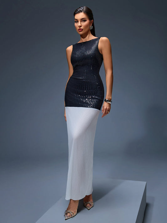 Long Sparkling Patchwork Dress with Cut-Out Back