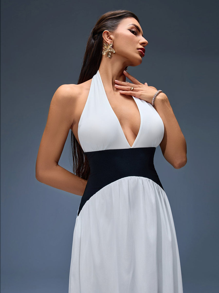 Maxi dress with contrasting corset and halter style