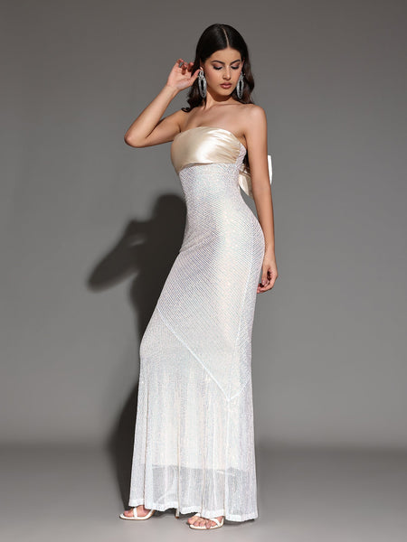 Long Sequin Dress with Backless Design and Bow Knot for an Elegant Look