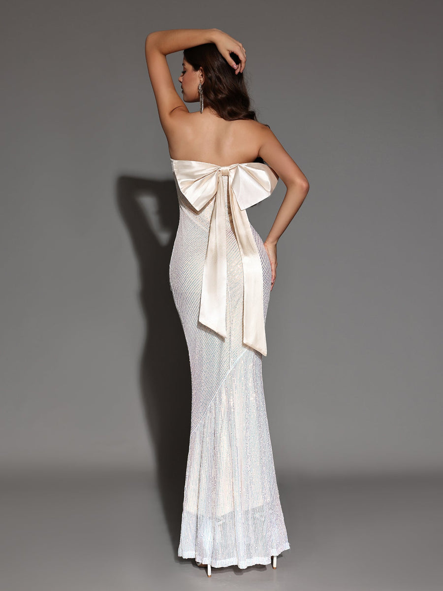 Long Sequin Dress with Backless Design and Bow Knot for an Elegant Look