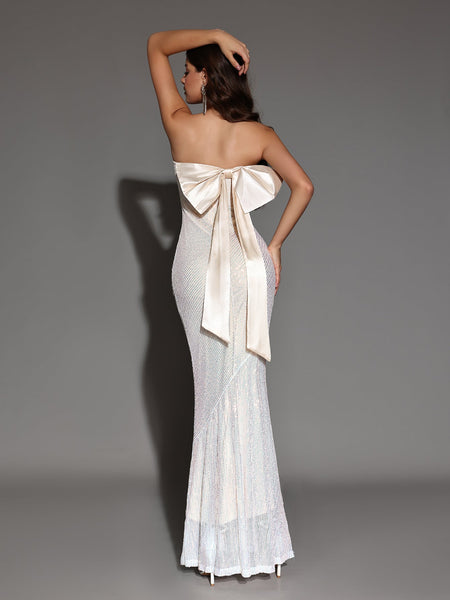 Long Sequin Dress with Backless Design and Bow Knot for an Elegant Look