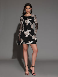 Ophelia Bellamy — Mini Dress with Round Neck and Appliqué