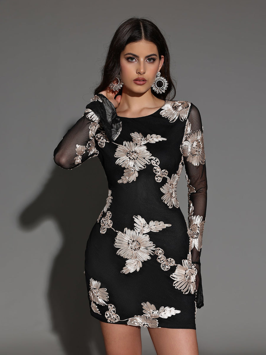 Mini Dress with Round Neck and Appliqué for an Elegant Style