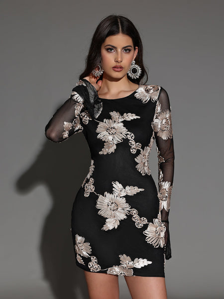 Mini Dress with Round Neck and Appliqué for an Elegant Style