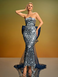 Paloma Fontaine — Strapless Bow Tail Sequin Gown