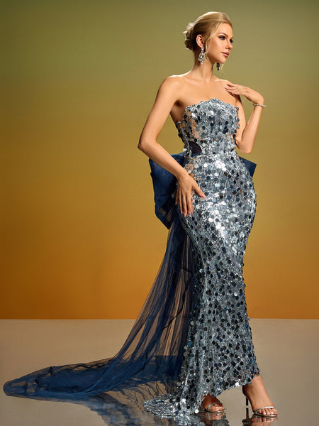 Strapless Bow Tail Sequin Gown