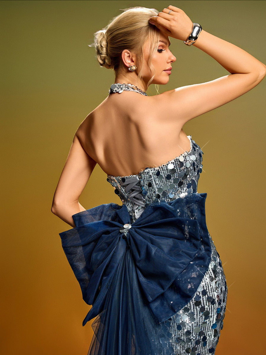 Strapless Bow Tail Sequin Gown