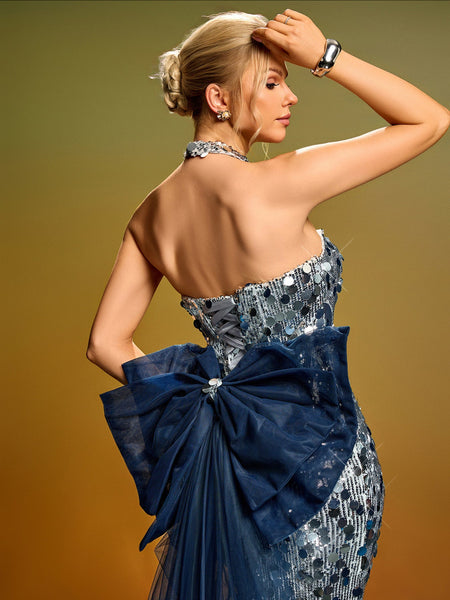 Strapless Bow Tail Sequin Gown