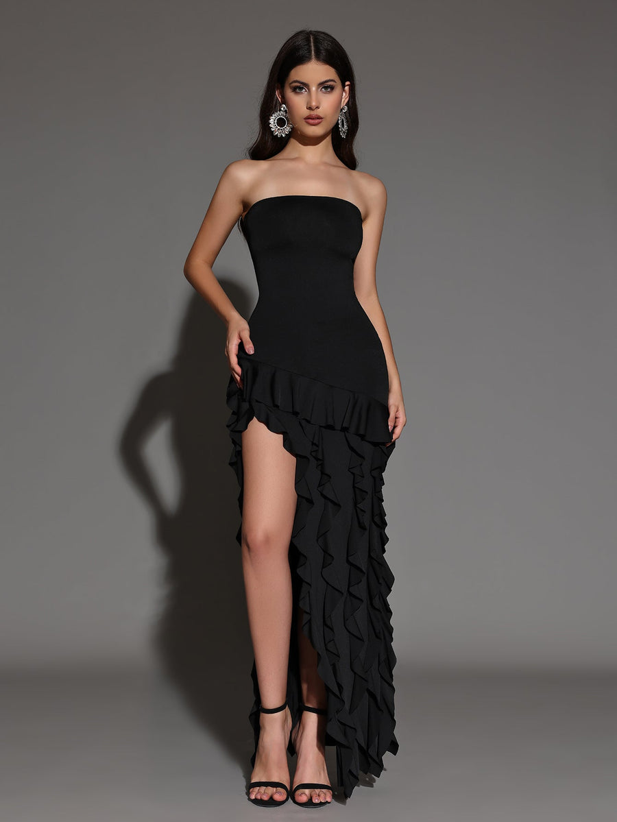 Katerina Bellamy — Elegant Strapless Maxi Dress with Ruffle Hem for a Chic Look