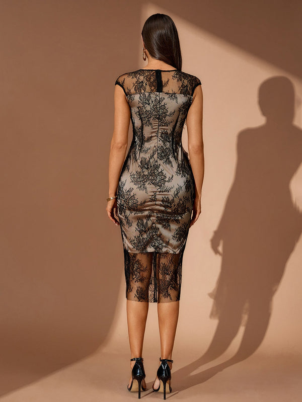 Lace Tulles Slim Midi Cocktail Dress