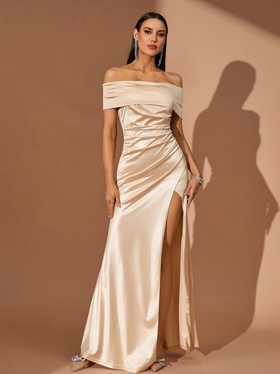 Off Shoulder High-Slit Satin Dress