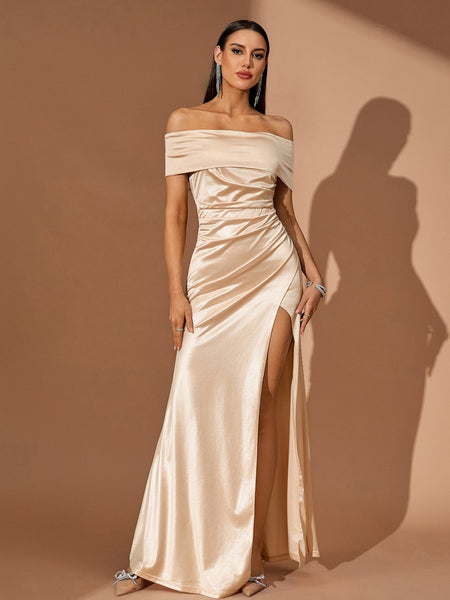 Off Shoulder High-Slit Satin Dress