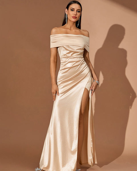 Off Shoulder High-Slit Satin Dress