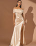 Off Shoulder High-Slit Satin Dress