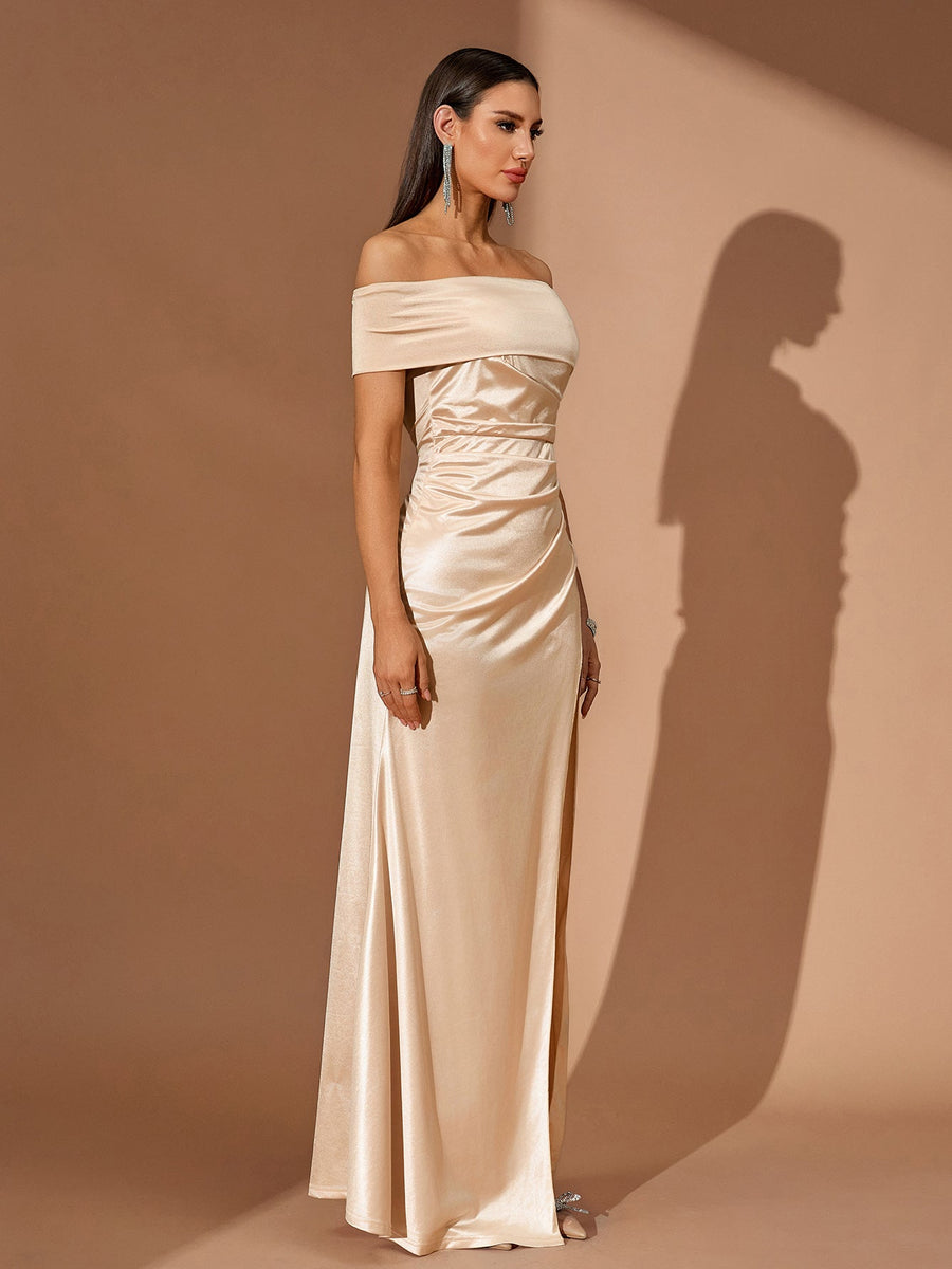 Off Shoulder High-Slit Satin Dress