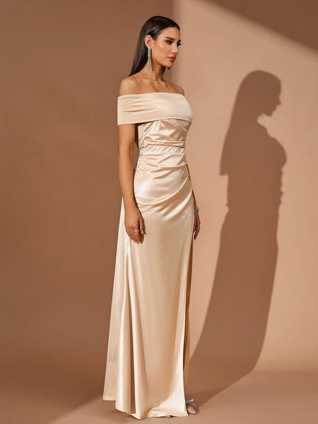Off Shoulder High-Slit Satin Dress