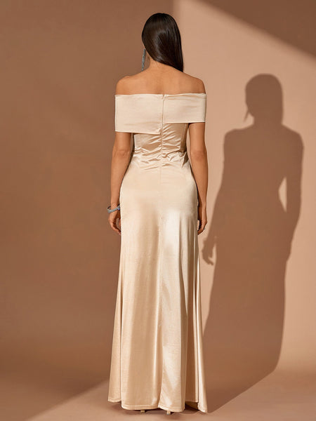Off Shoulder High-Slit Satin Dress
