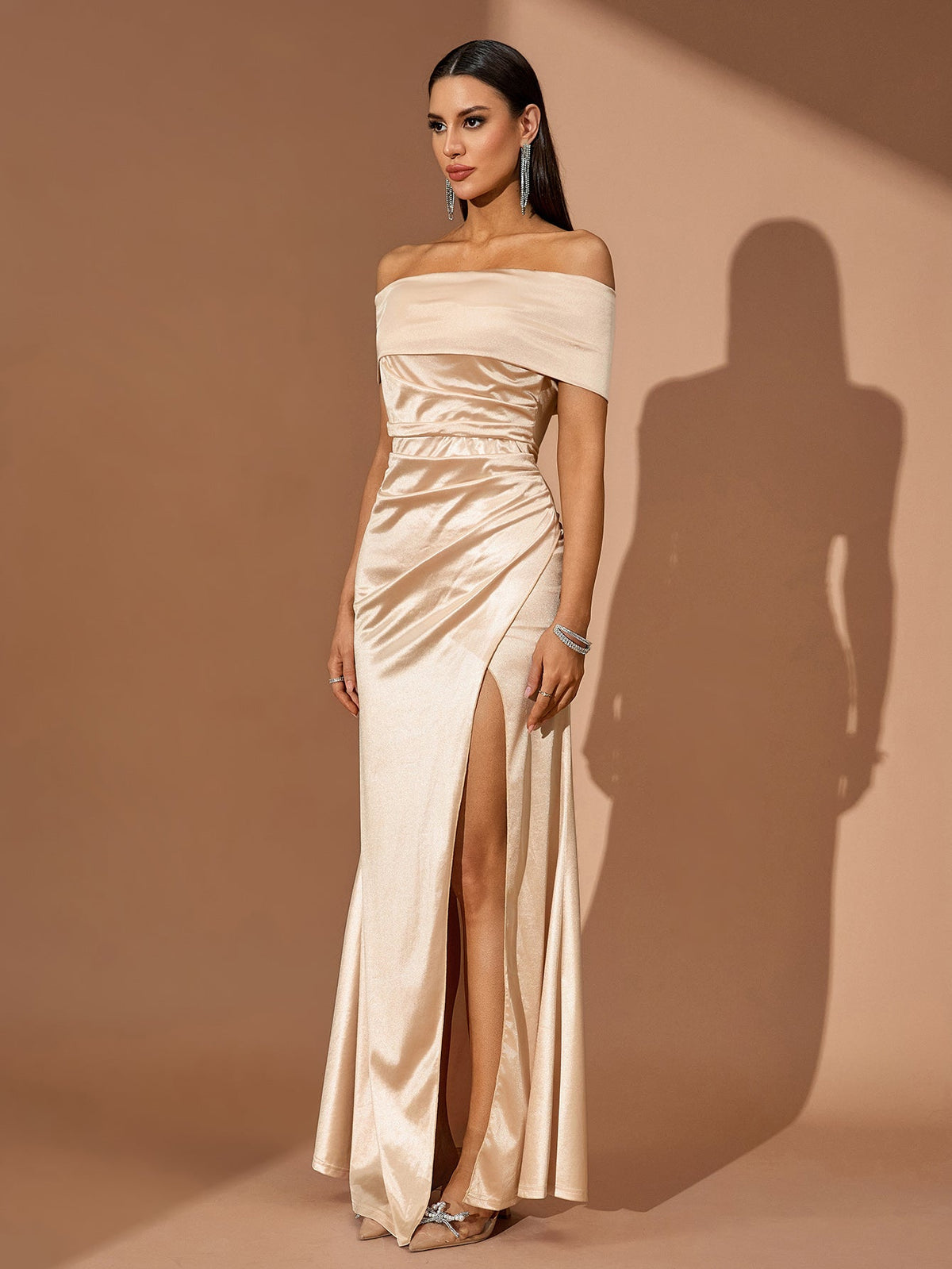 Elowen Fontaine — Off Shoulder High-Slit Satin Dress, alternate view 6