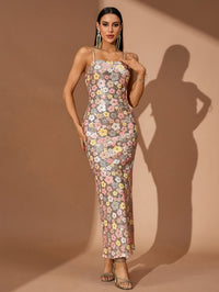 Delphine Fontaine — Floral Sequin Strappy Column Maxi Dress