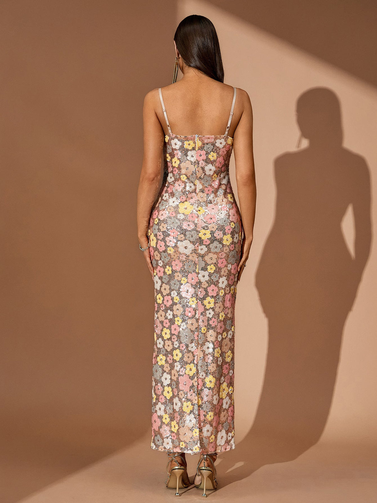 Floral Sequin Strappy Column Maxi Dress