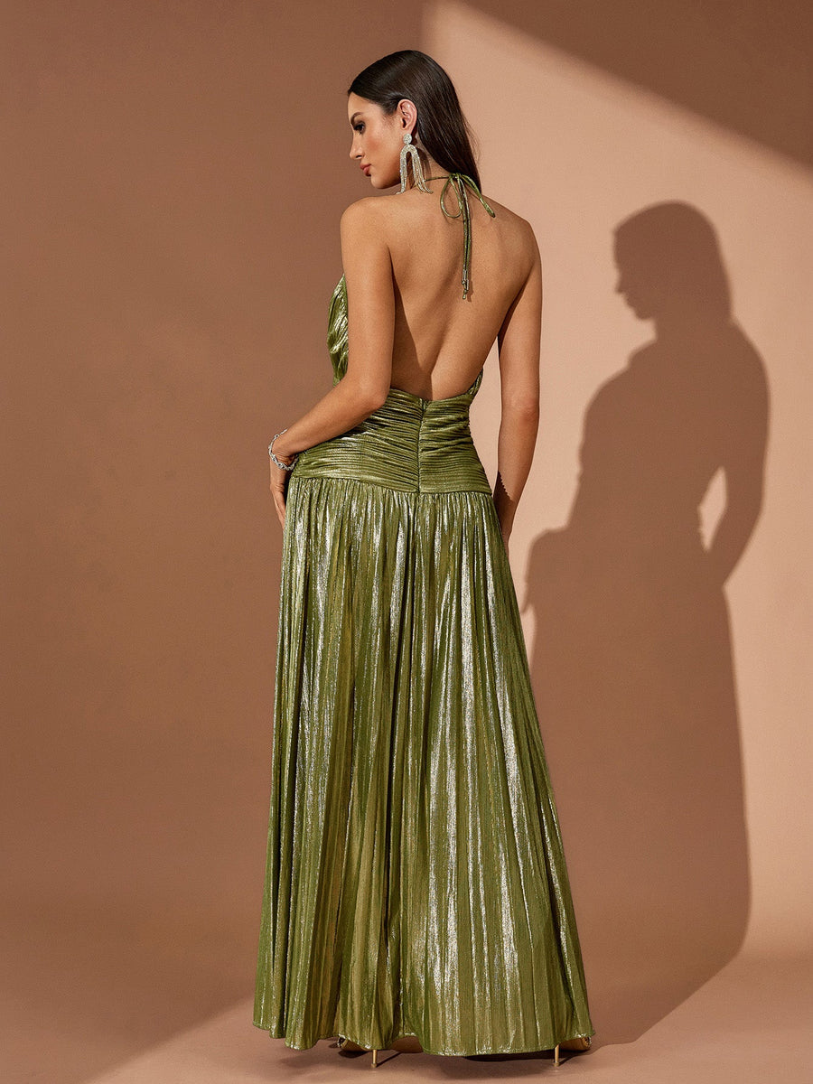 Open Back Pleated Gloss Maxi Dress