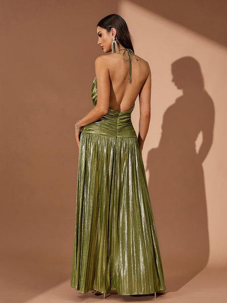 Open Back Pleated Gloss Maxi Dress
