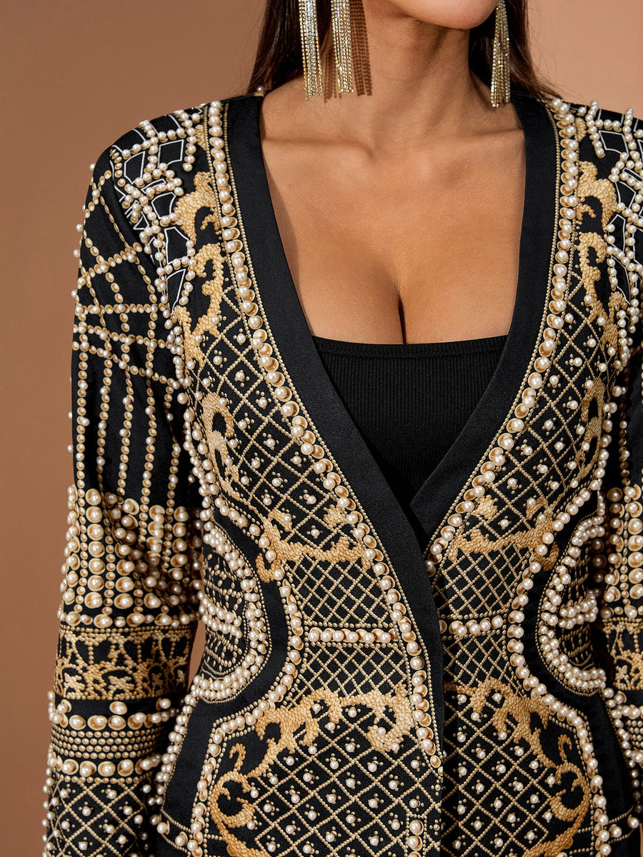 Pearl Embroidery Blazer Deep V Dress