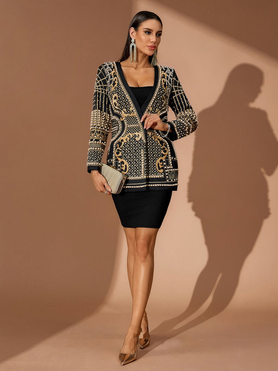 Pearl Embroidery Blazer Deep V Dress
