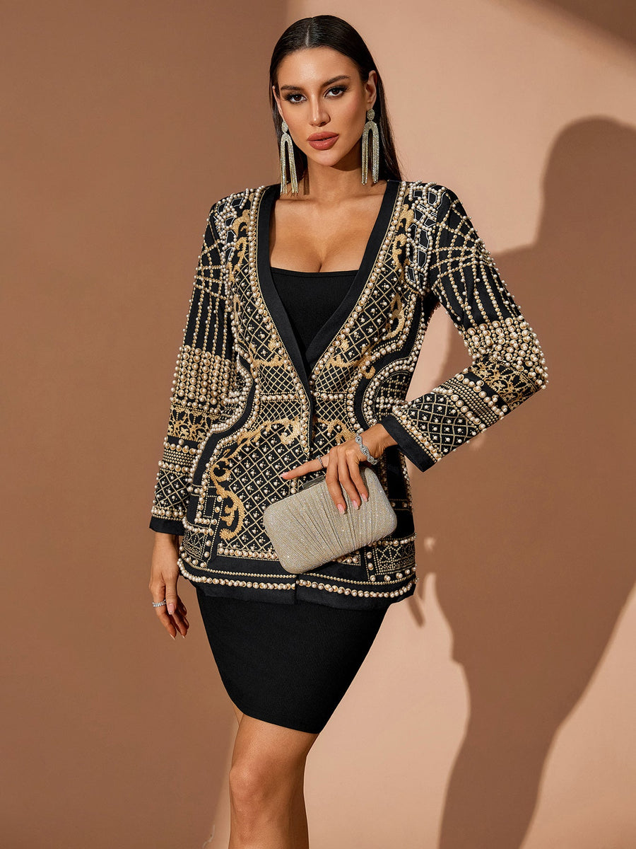 Pearl Embroidery Blazer Deep V Dress