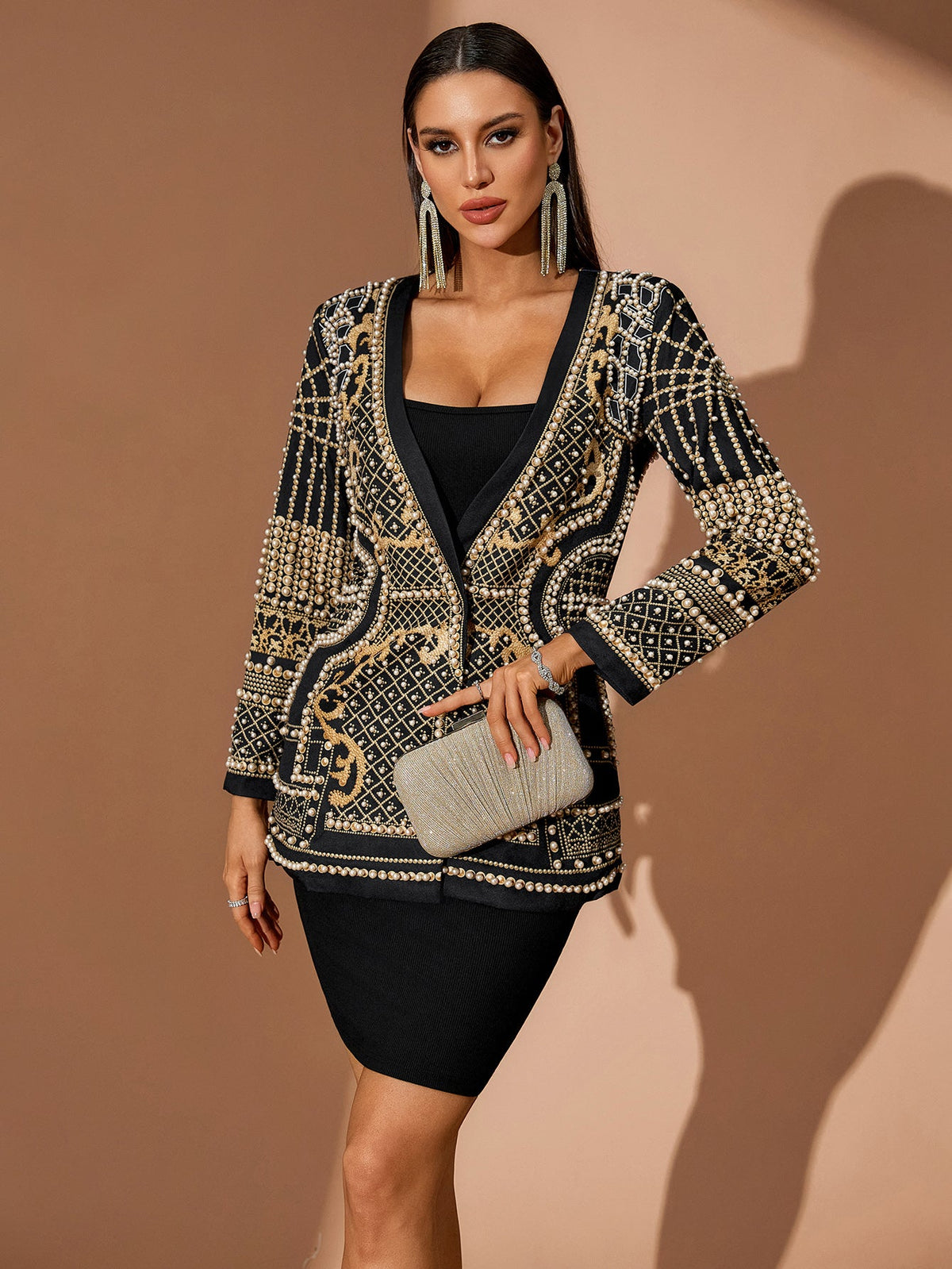 Véronique Fontaine — Pearl Embroidery Blazer Deep V Dress, alternate view 5