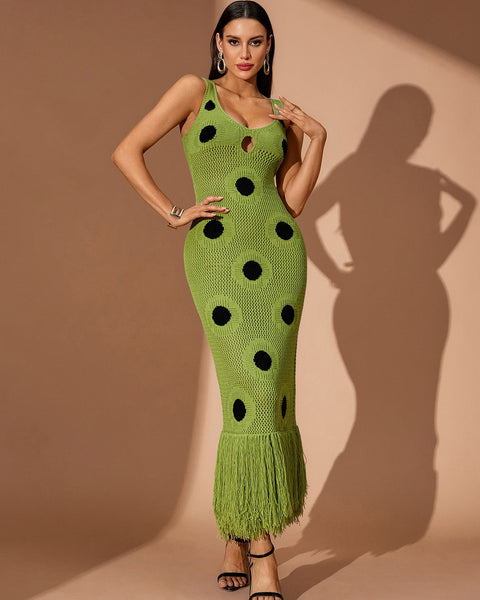 Tassel Hemline Cutout Knit Maxi Dress