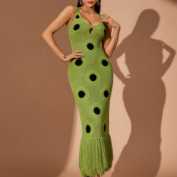 Tassel Hemline Cutout Knit Maxi Dress