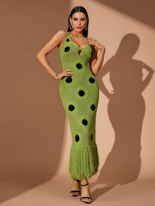 Tassel Hemline Cutout Knit Maxi Dress
