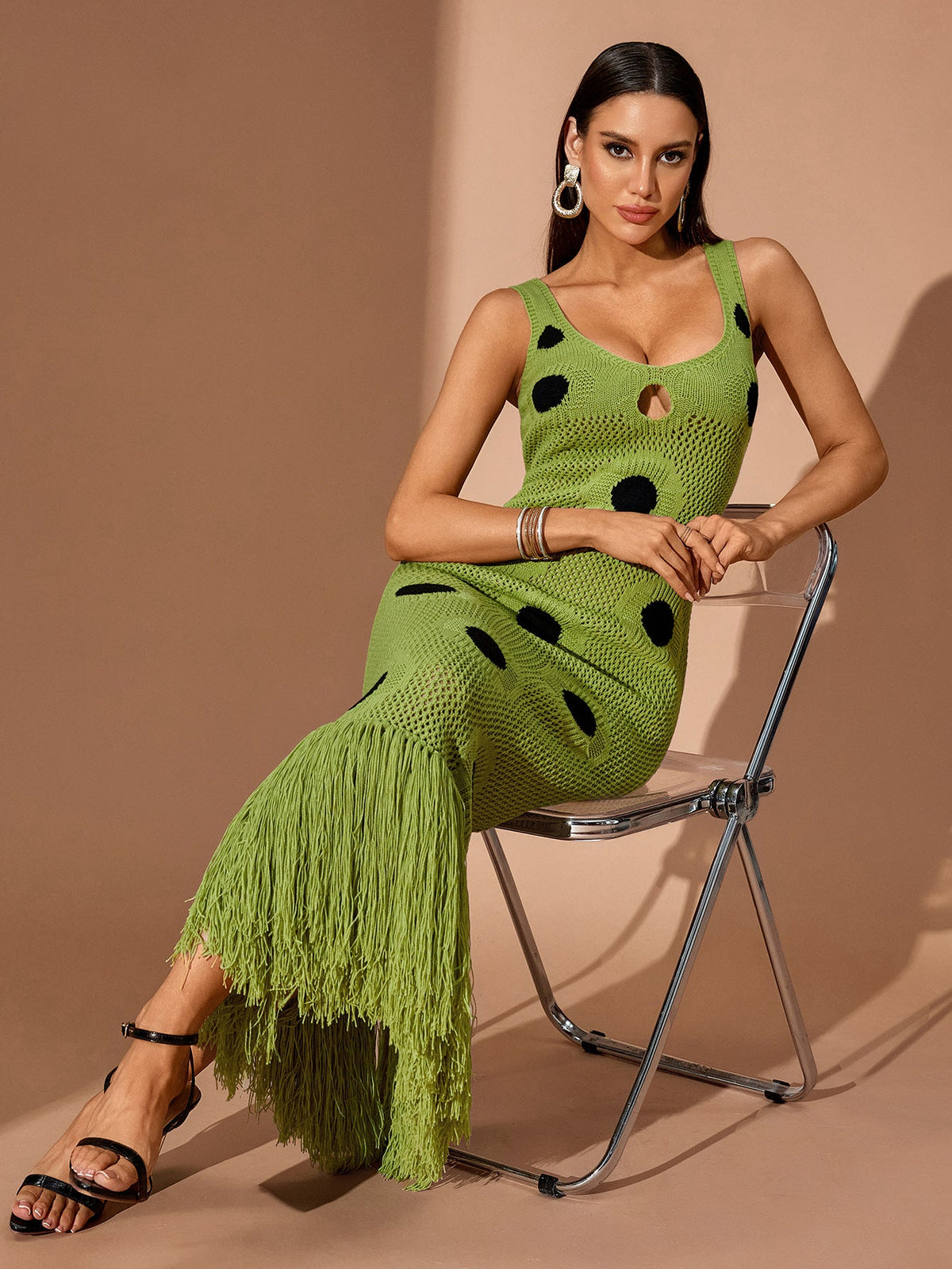 Tassel Hemline Cutout Knit Maxi Dress