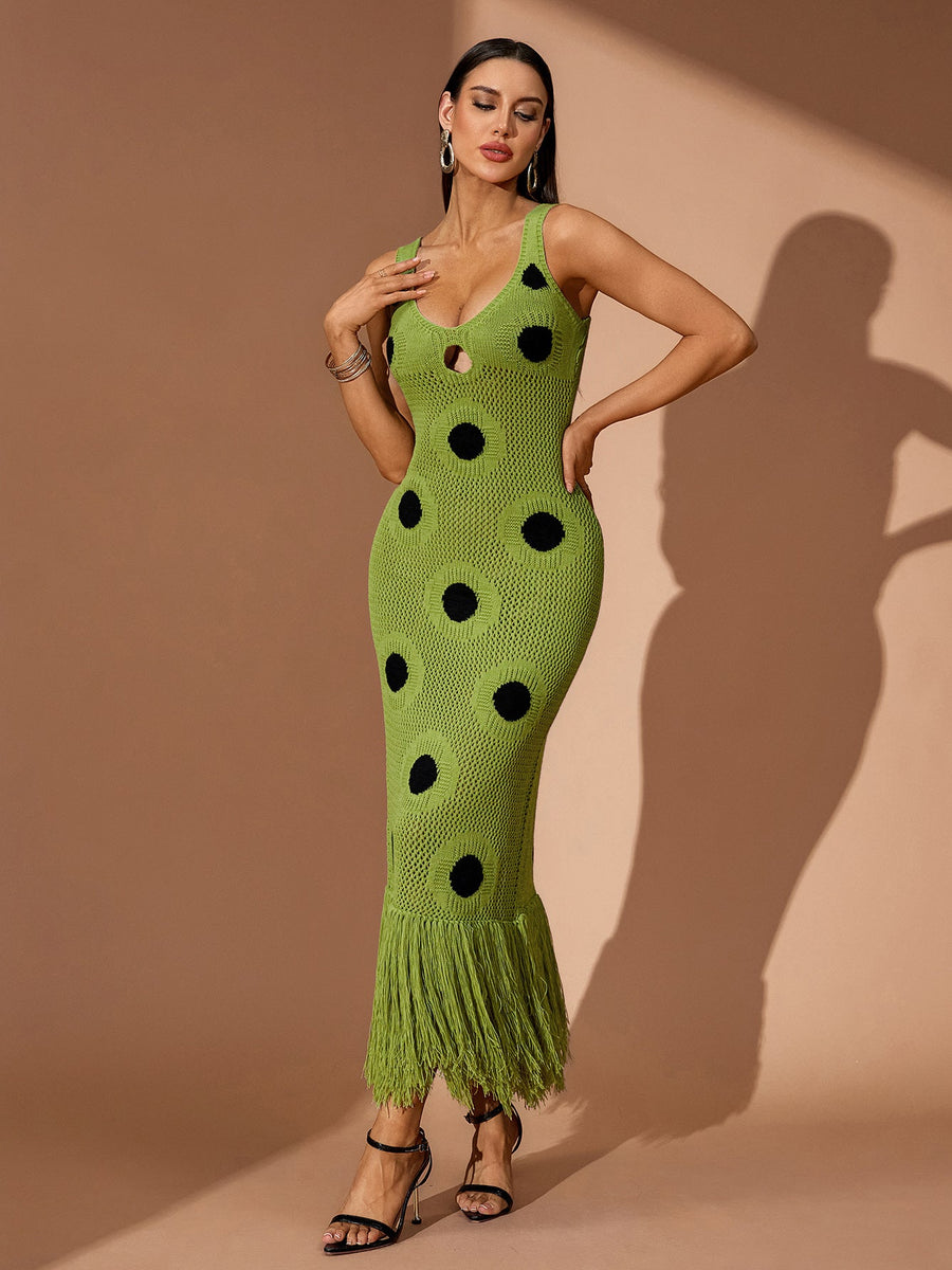 Tassel Hemline Cutout Knit Maxi Dress