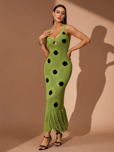 Tassel Hemline Cutout Knit Maxi Dress