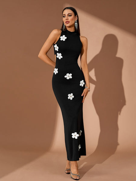 White Flowers Details Bodycon Maxi Dress
