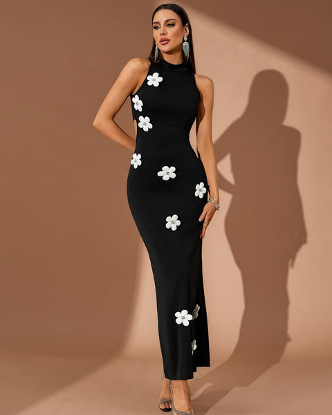 White Flowers Details Bodycon Maxi Dress