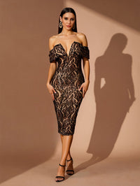 Odette Rivière — Off Shoulder Leopard Sequin Midi Dress