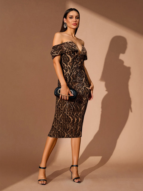Off Shoulder Leopard Sequin Midi Dress