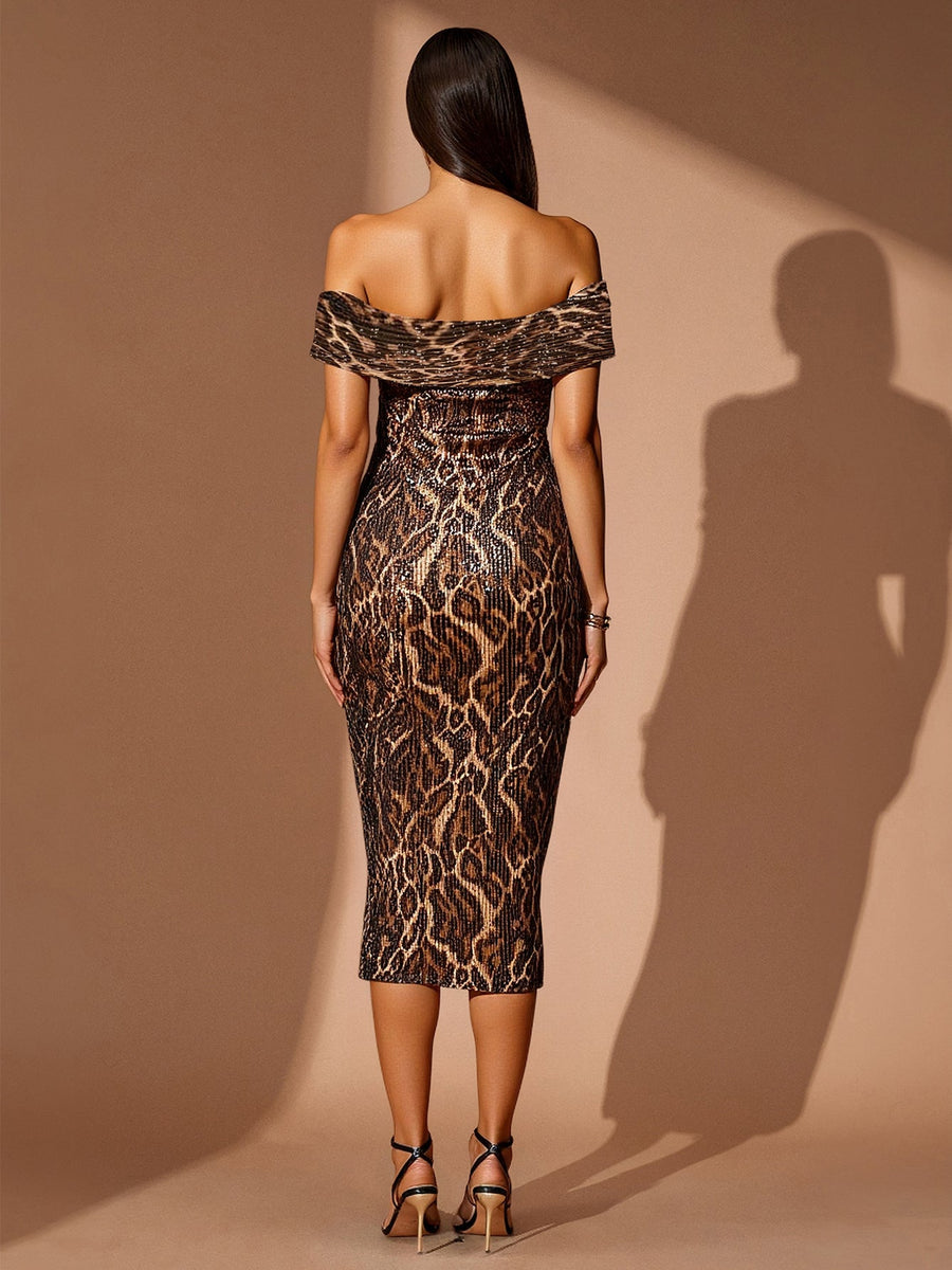 Off Shoulder Leopard Sequin Midi Dress
