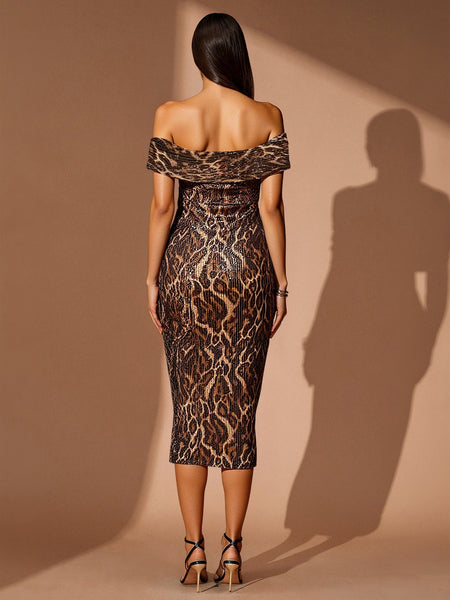 Off Shoulder Leopard Sequin Midi Dress