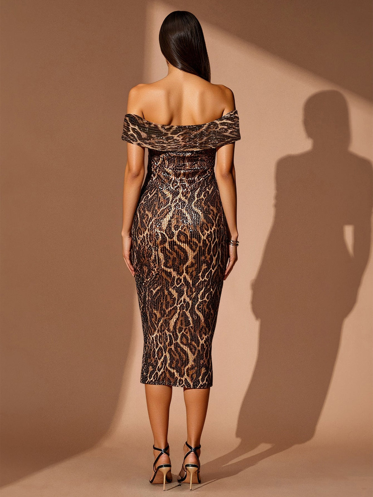 Odette Rivière — Off Shoulder Leopard Sequin Midi Dress, alternate view 4