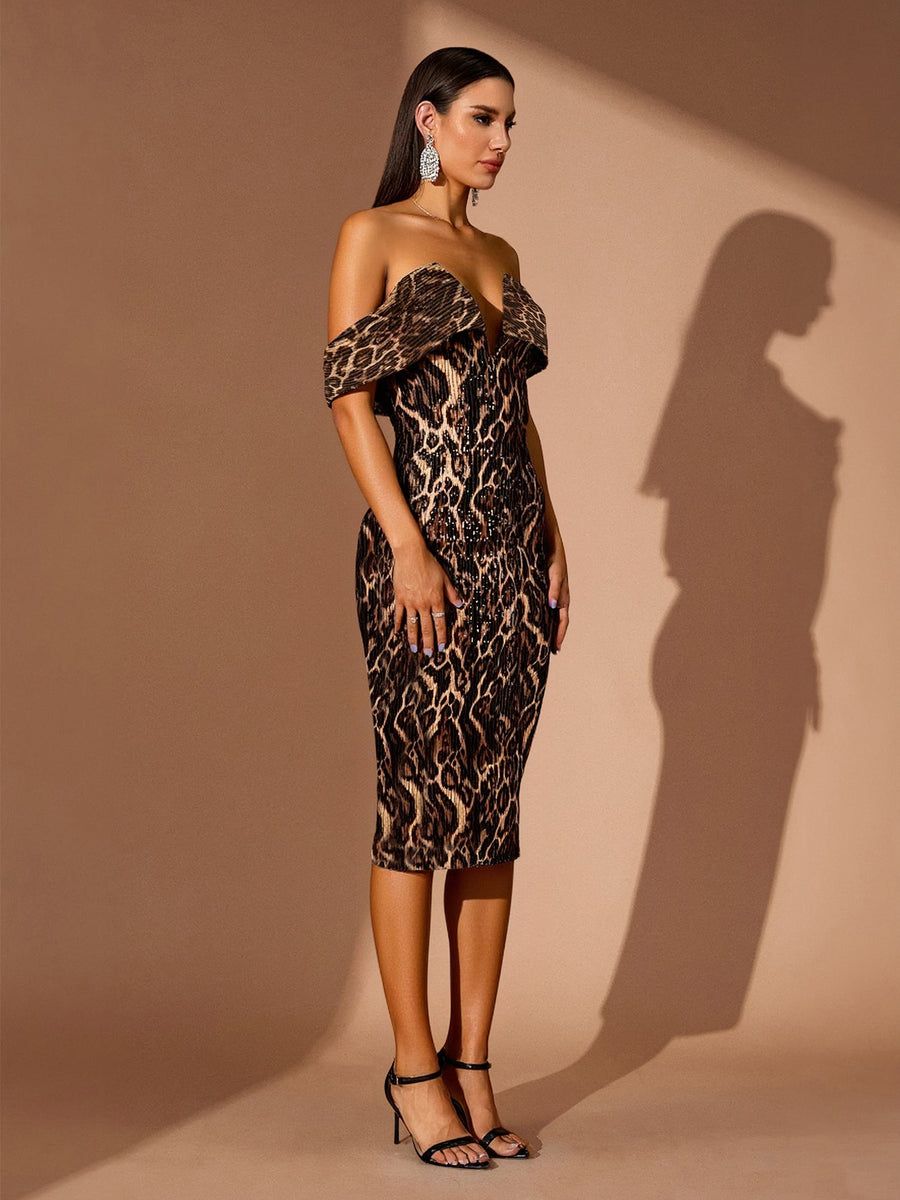 Off Shoulder Leopard Sequin Midi Dress