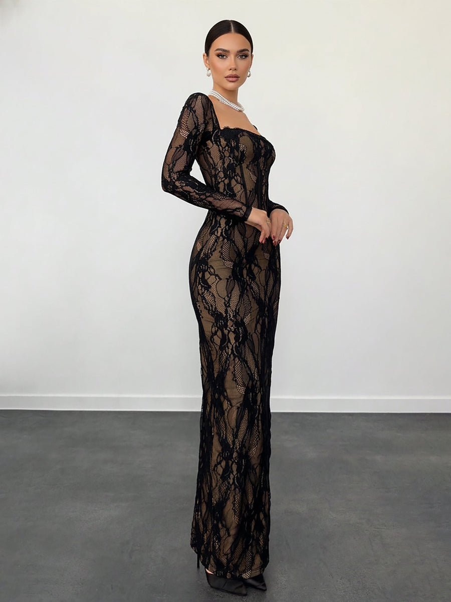 Rowan Capri — Slanted Shoulder Lace Corset Maxi Dress, alternate view 2