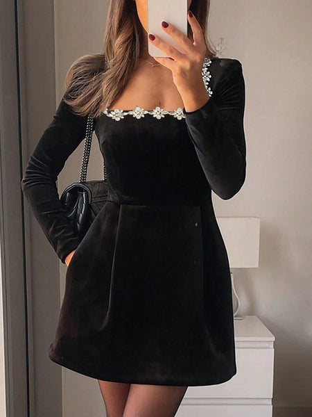 Square Collar Rhinestone Mini Velvet Dress