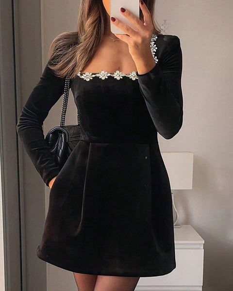 Square Collar Rhinestone Mini Velvet Dress